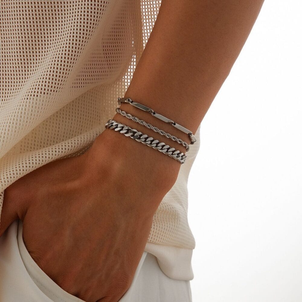 Men's Silver Triple-Layer Bracelet Set