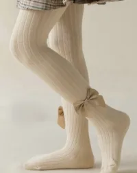Ribbed Knit Girls' Tights with Bows