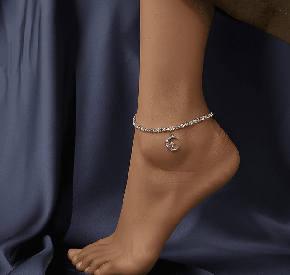 Silver Rhinestone Moon Charm Anklet
