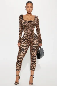Leopard Print Long-Sleeve Jumpsuit - Brown Combo