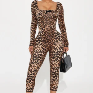 Leopard Print Long-Sleeve Jumpsuit - Brown Combo