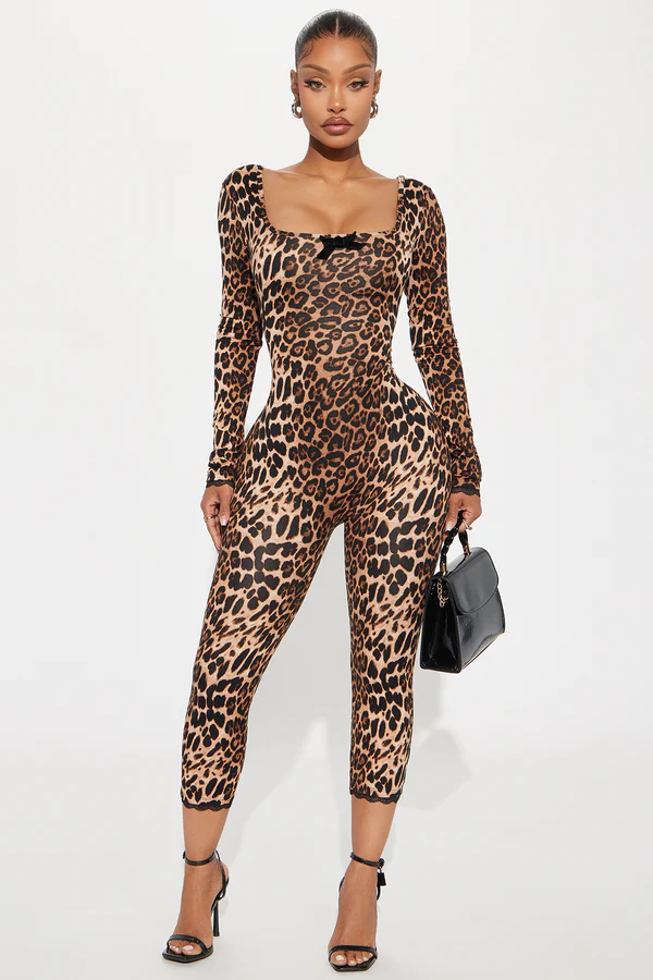 Leopard Print Long-Sleeve Jumpsuit - Brown Combo