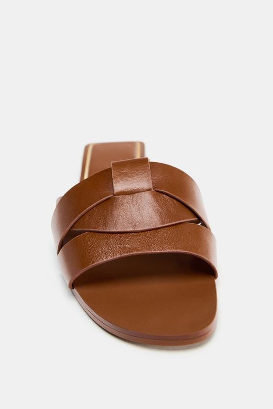 12600710105-e3 Zara Interwoven Leather Flat Slides