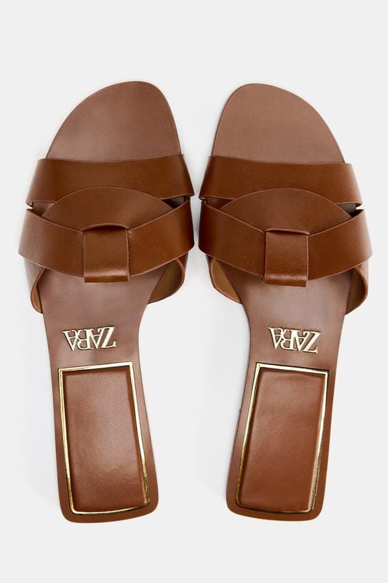 12600710105-e5 Zara Interwoven Leather Flat Slides