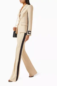 Neutral Luxury Tailored Blazer & Flare Trousers Suit Set Premium imported black women's suit with cream side stripes and flare trousers — Curated luxury fashion on Tsapa Rwanda.
