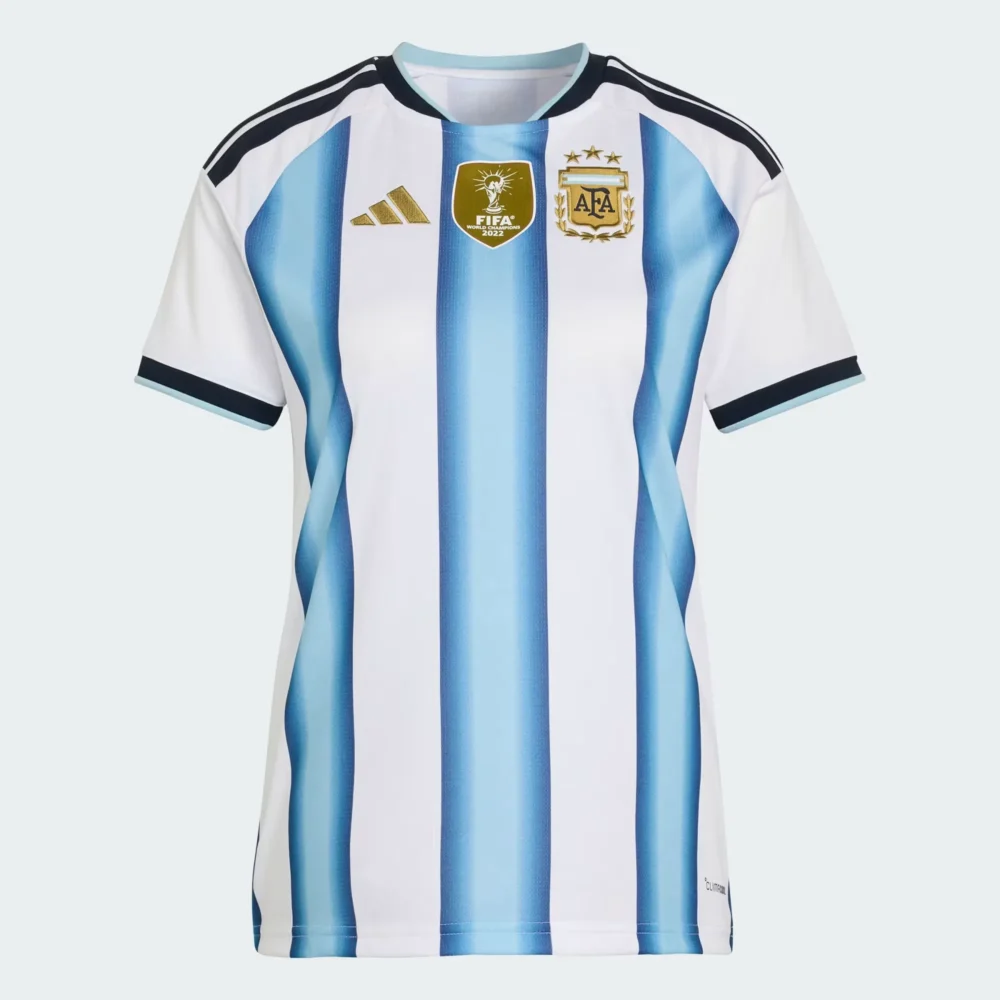 Argentina_26_Home_Jersey_White_KA8125_01_laydown Front flat-lay view of the Argentina 2026 home football jersey with blue and white stripes and gold FIFA patch — Premium Sportswear Delivery Rwanda.