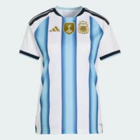 Argentina_26_Home_Jersey_White_KA8125_01_laydown Front flat-lay view of the Argentina 2026 home football jersey with blue and white stripes and gold FIFA patch — Premium Sportswear Delivery Rwanda.