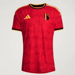 Front studio flat-lay view of the ared Belgium 2026 home football jersey with an all-over flame pattern and gold logos — Tsapa Rwanda Premium Sportswear.