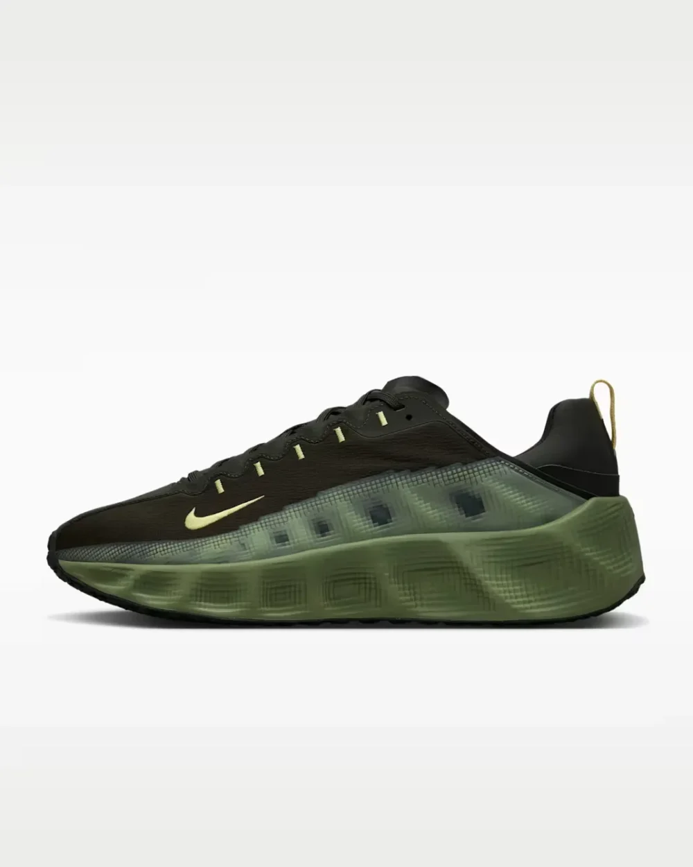 Lateral side view of the premium Nike Ava Rover tactical sneaker in dark olive and translucent green — Tsapa Rwanda Luxury Streetwear