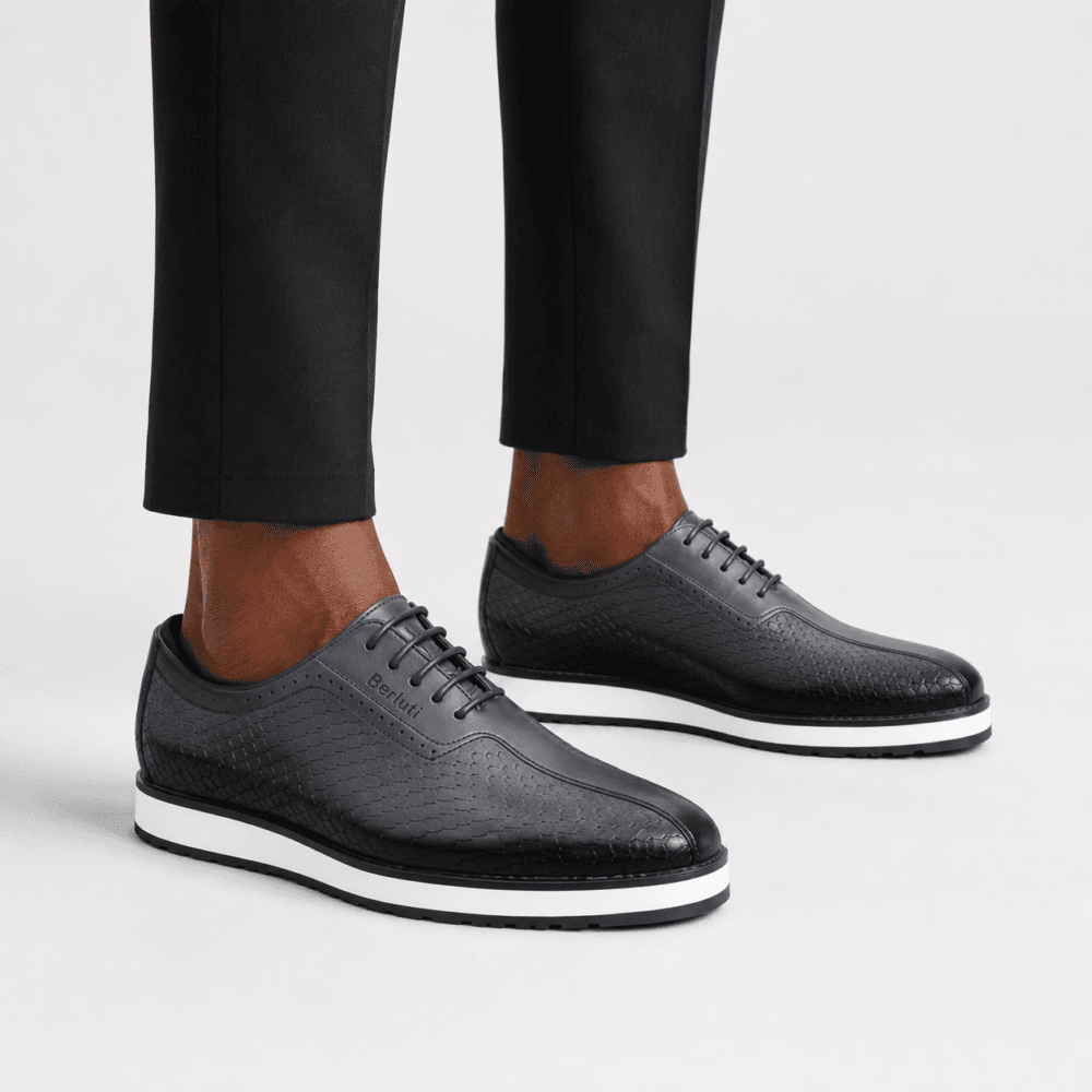2f6265b8-aa43-4df8-9450-24e29bd8344e Luxury Berluti black textured leather Derby shoes with a bold white platform sole.