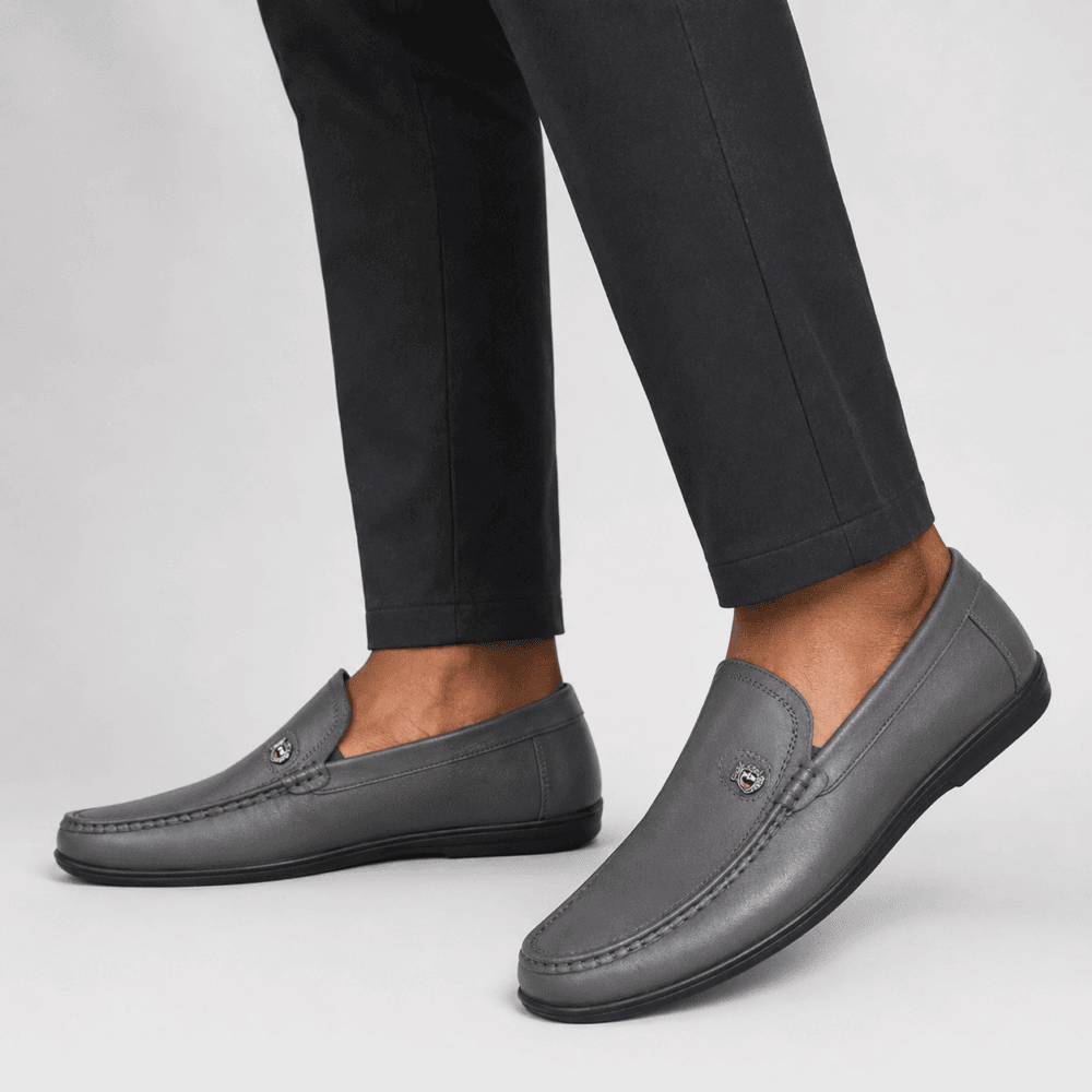 Grey Leather Loafers Apron-Toe Moccasin  for Men