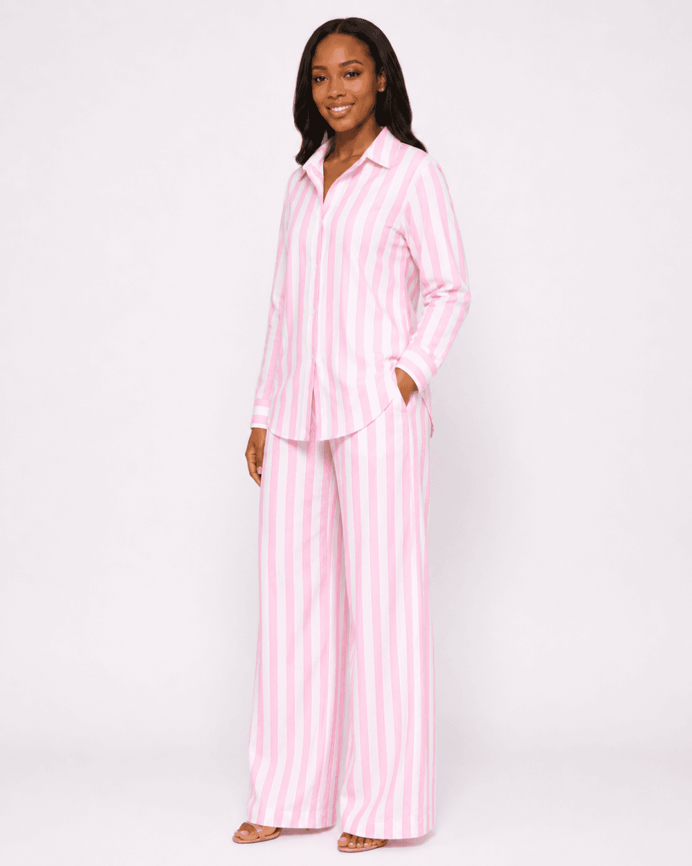 87bb35d8-5760-4375-a6db-1277cec7bb69 Women’s Pink and White Striped Shirt and Wide-Leg Trouser Set