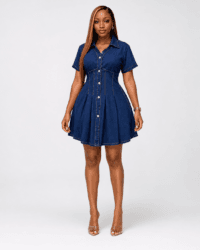 Women’s Dark Blue Fit-and-Flare Denim Shirt Dress Woman wearing a dark blue short-sleeve fit-and-flare denim shirt dress