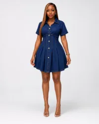 Woman wearing a dark blue short-sleeve fit-and-flare denim shirt dress