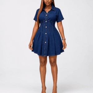 Woman wearing a dark blue short-sleeve fit-and-flare denim shirt dress