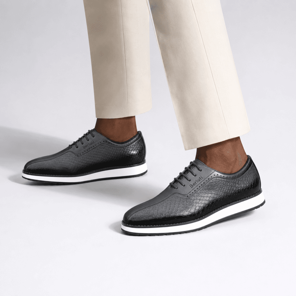 Berluti black textured leather platform Derby shoes with light pants Berluti black textured leather platform Derby shoes
