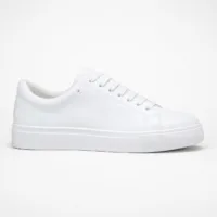 Lateral profile view of a white Zara men's minimalist low-top court sneaker in smooth leather with matching white laces and a thick rubber sole — Casual Men's Designer Footwear Rwanda.