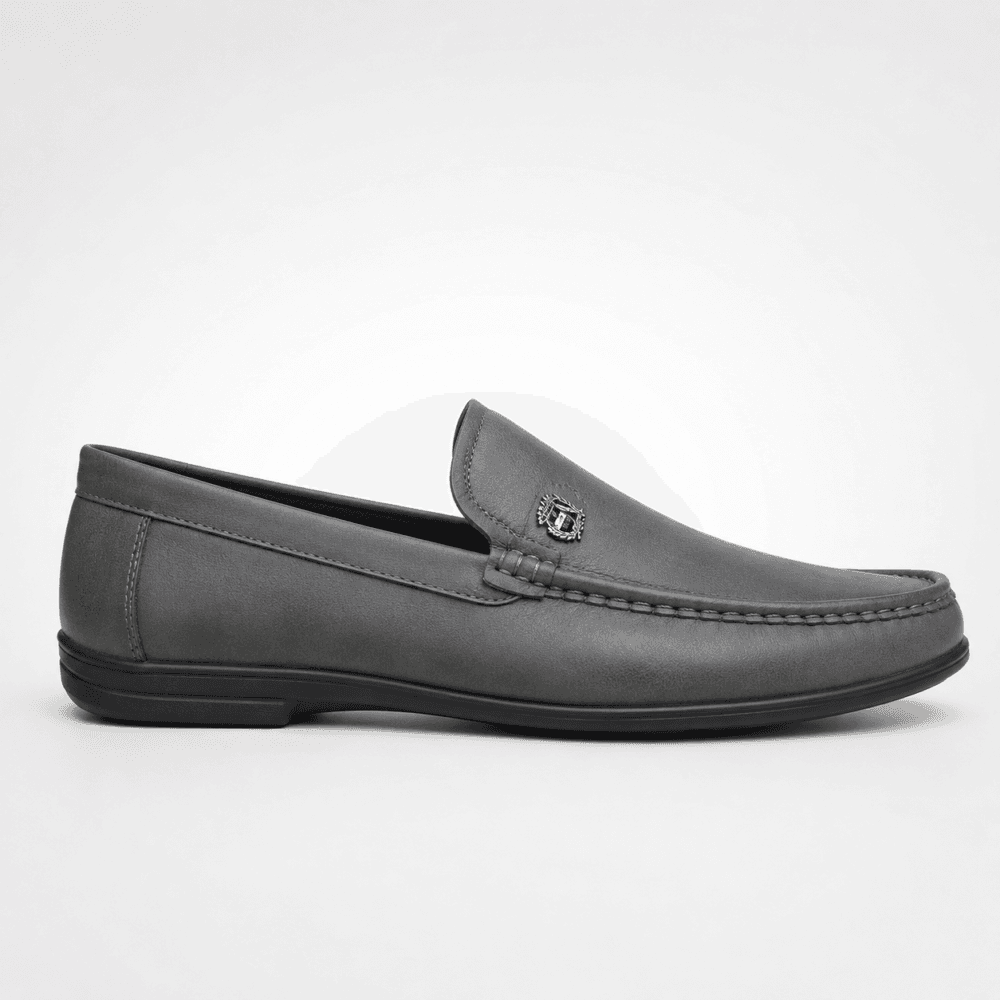Grey leather apron-toe moccasin loafers for men with crest emblem