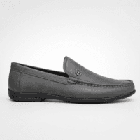 Grey leather apron-toe moccasin loafers for men with crest emblem
