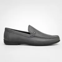 Grey leather apron-toe moccasin loafers for men with crest emblem