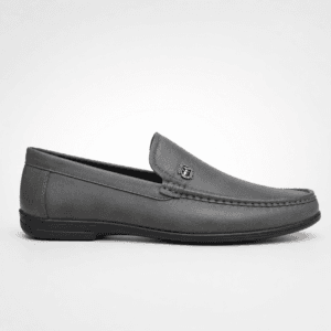 Grey leather apron-toe moccasin loafers for men with crest emblem