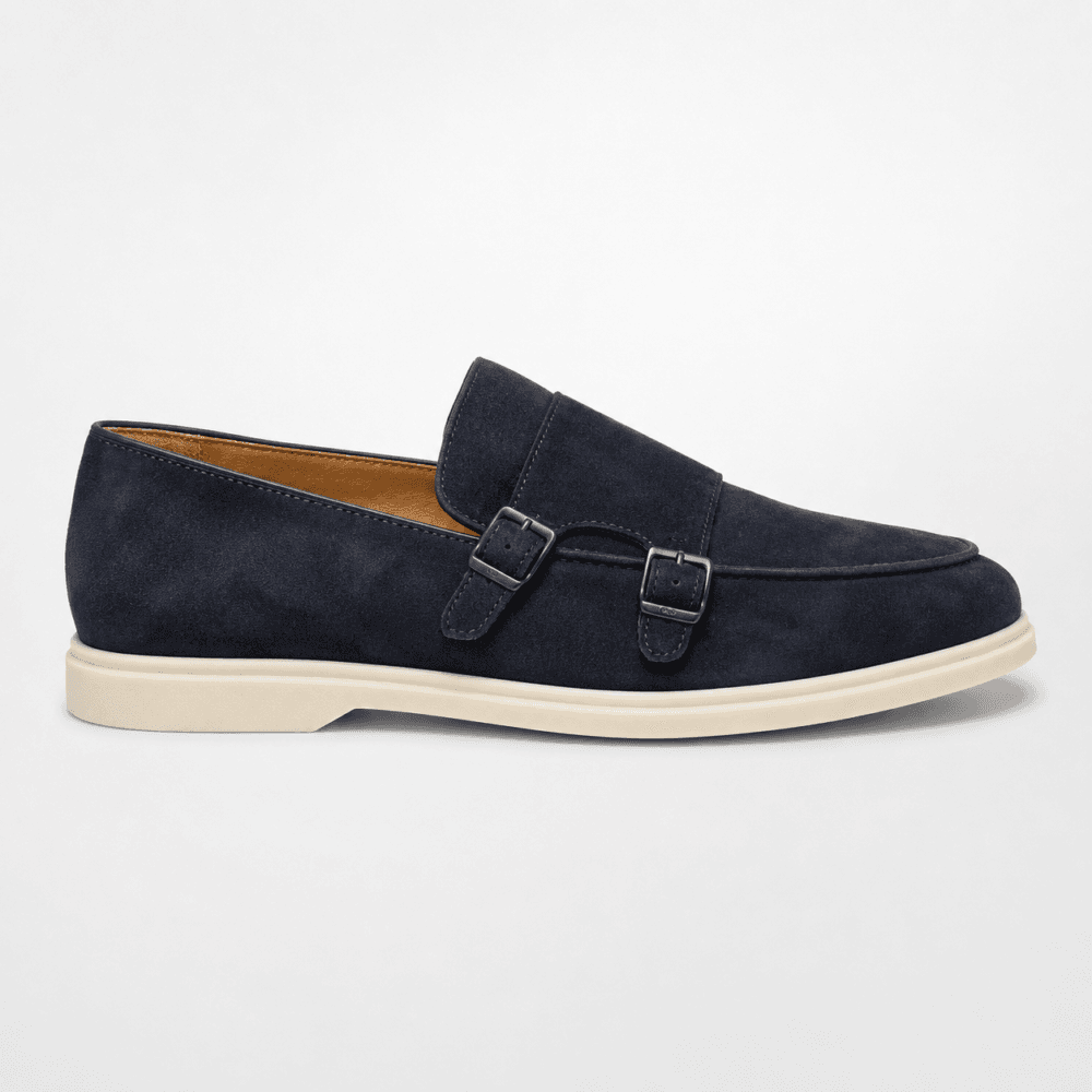 Navy Suede Double Monk Strap Loafers for Men
