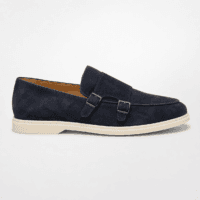 Navy Suede Double Monk Strap Loafers for Men