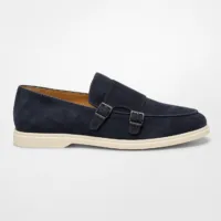 Navy Suede Double Monk Strap Loafers for Men