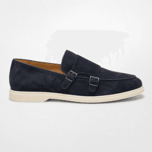 Navy Suede Double Monk Strap Loafers for Men