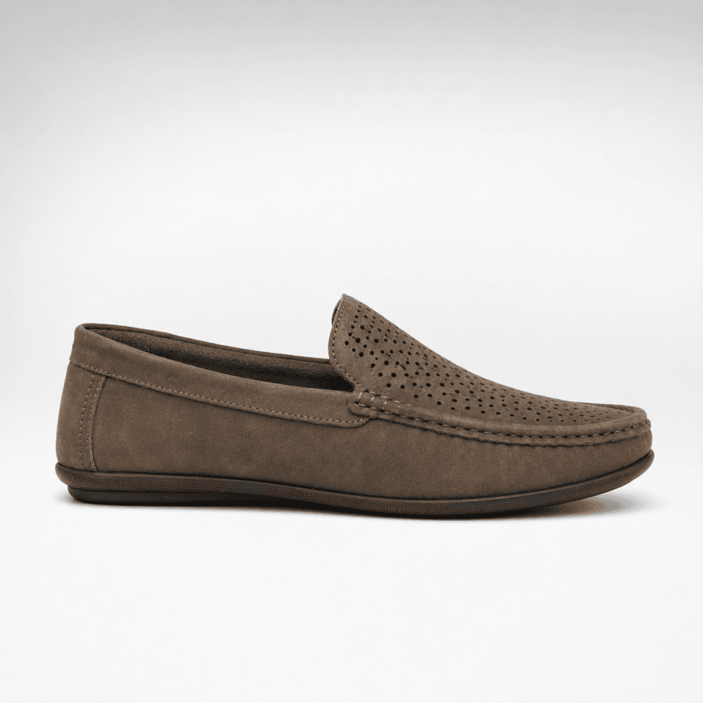 Taupe perforated suede moccasin loafers for men with black sole Taupe perforated suede moccasin loafers for men with black sole