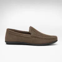 Taupe perforated suede moccasin loafers for men with black sole