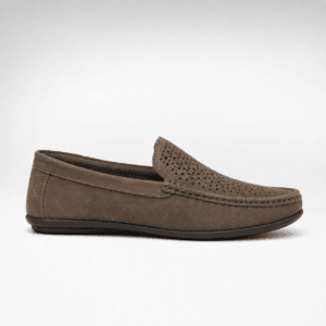 Taupe perforated suede moccasin loafers for men with black sole