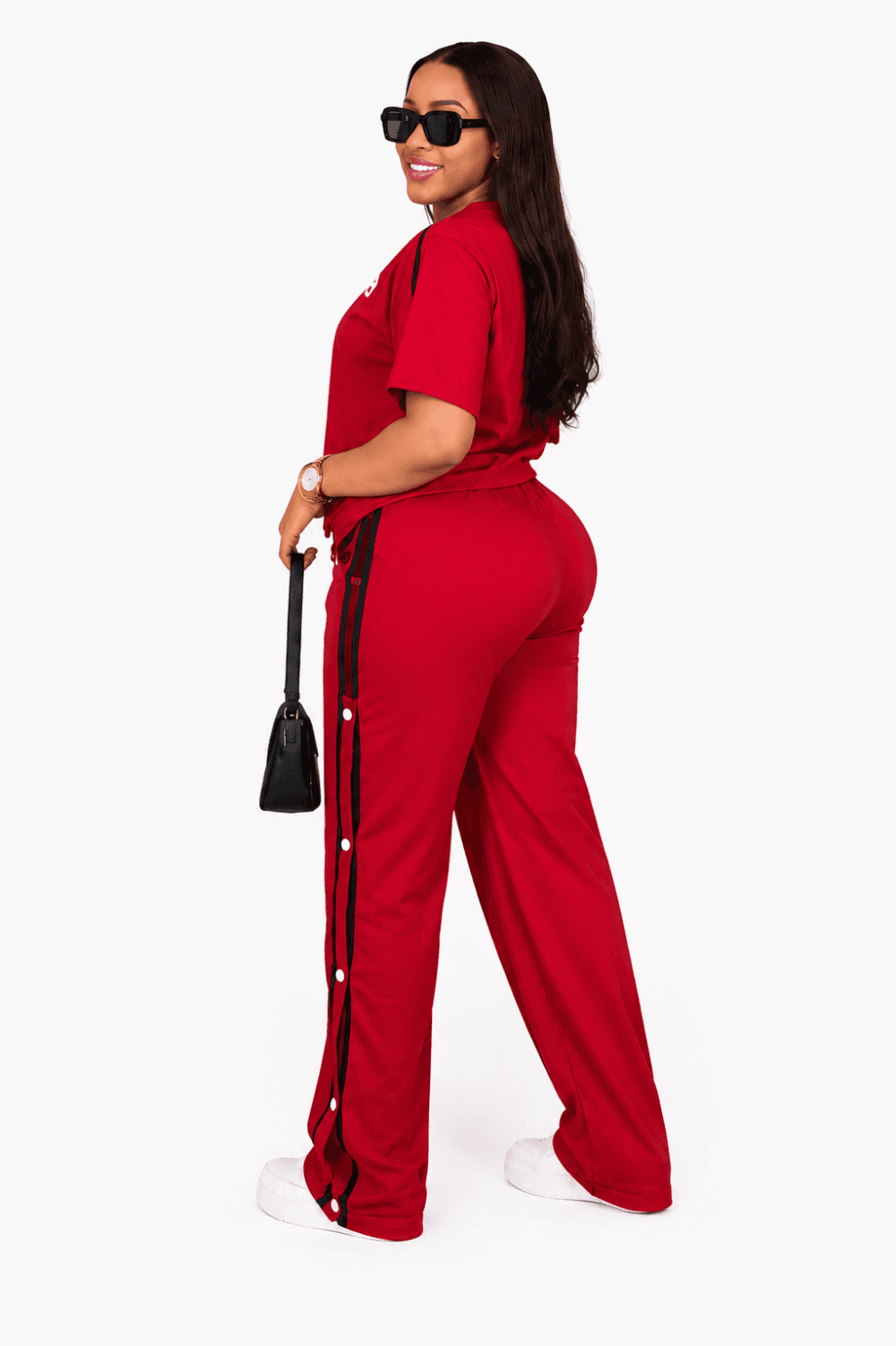 b8fee852-29f4-4d4b-af10-5d42c205b765 Women’s Red T-Shirt and Side-Snap Track Pants Set
