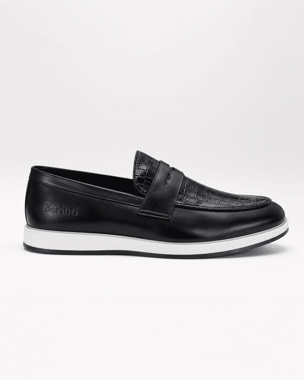 Berluti black croc-embossed penny loafers for men with white sole