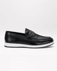 Berluti black croc-embossed penny loafers for men with white sole