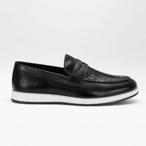 Berluti black croc-embossed penny loafers for men with white sole