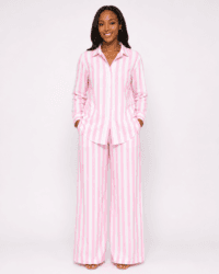 Women’s Pink and White Striped Wide-Leg Co-ord Set Woman wearing a pink and white striped long-sleeve shirt and wide-leg trouser set