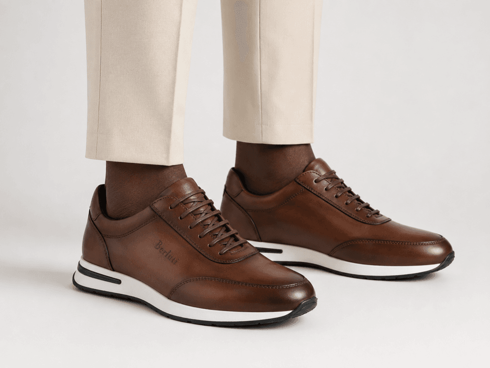 e5201a9a-e8c4-49eb-95b3-9d55314fd3a8 Berluti brown leather sneakers for men in Rwanda with a formal trouser