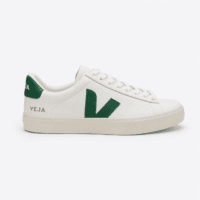 Lateral profile view of a luxury Veja Campo low-top sneaker in white leather with an emerald green V logo and an off-white rubber sole — Premium Men's Designer Footwear Rwanda