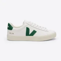 Lateral profile view of a luxury Veja Campo low-top sneaker in white leather with an emerald green V logo and an off-white rubber sole — Premium Men's Designer Footwear Rwanda