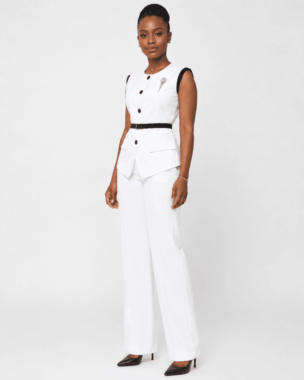 fcb5d6c6-d363-49e4-a1a4-d5d509153d52 White Sleeveless Peplum Vest and Wide-Leg Trouser Set