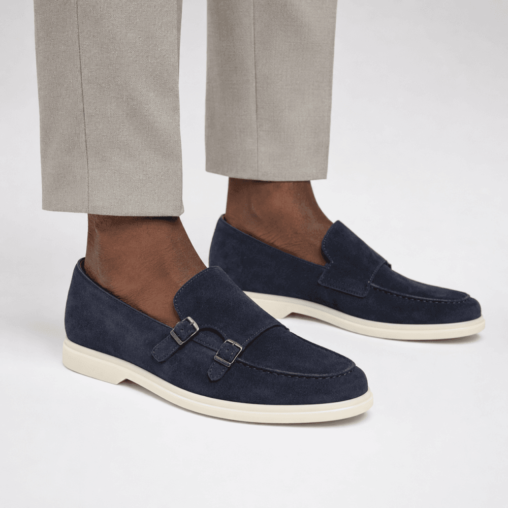 Navy Suede Double Monk Strap Loafers for Men