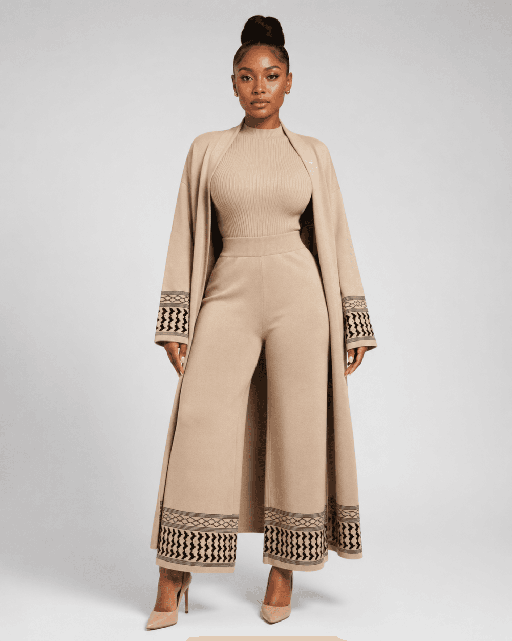 a8d3f214-c7a6-4bb0-8871-074438a94d61 Full-length front view of model wearing beige 3-piece knit ensemble with ribbed top, wide-leg pants, and open cardigan coat — Women's Fashion Rwanda.