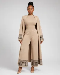 Full-length front view of model wearing beige 3-piece knit ensemble with ribbed top, wide-leg pants, and open cardigan coat — Women's Fashion Rwanda.