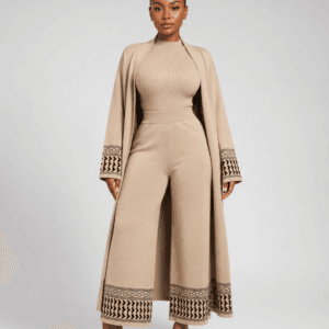 Full-length front view of model wearing beige 3-piece knit ensemble with ribbed top, wide-leg pants, and open cardigan coat — Women's Fashion Rwanda.